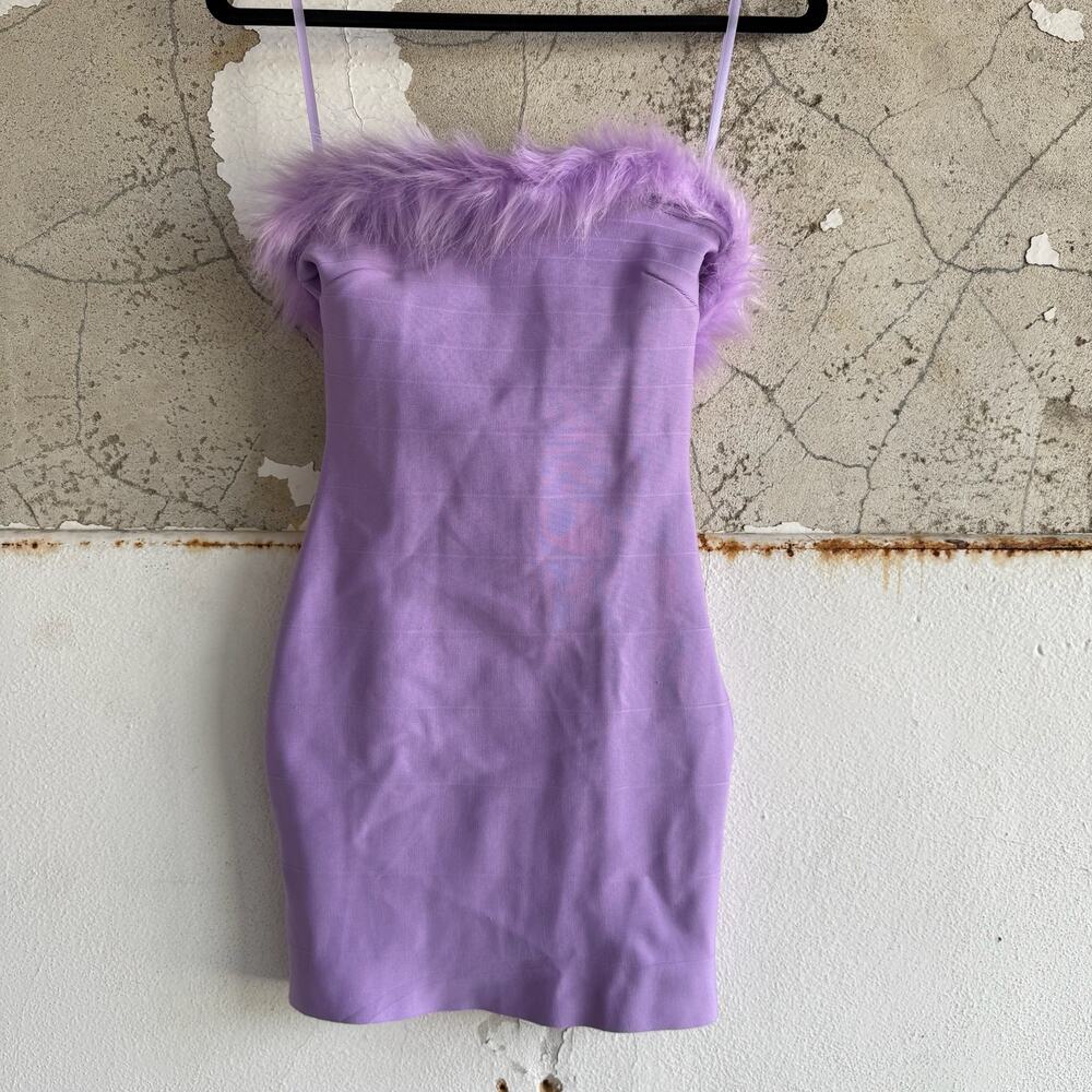 Lavender Faux‎ Fur Trim Strapless Mini Dress Y2K Party Glam Saints Secrets XS